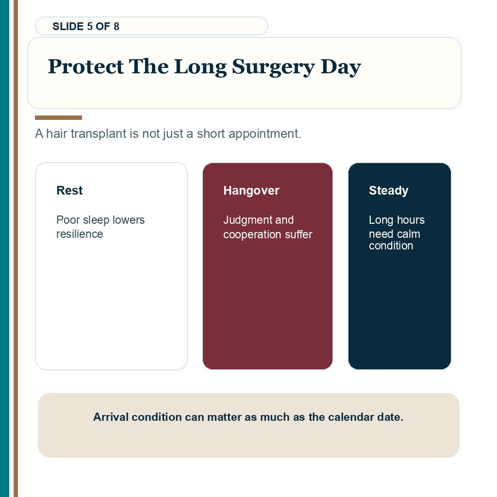 Alcohol before hair transplant carousel slide about sleep judgment and cooperation on surgery day