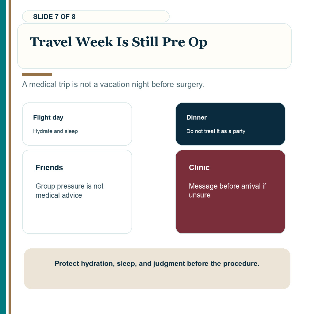 Alcohol before hair transplant carousel slide about medical tourism and travel week behavior