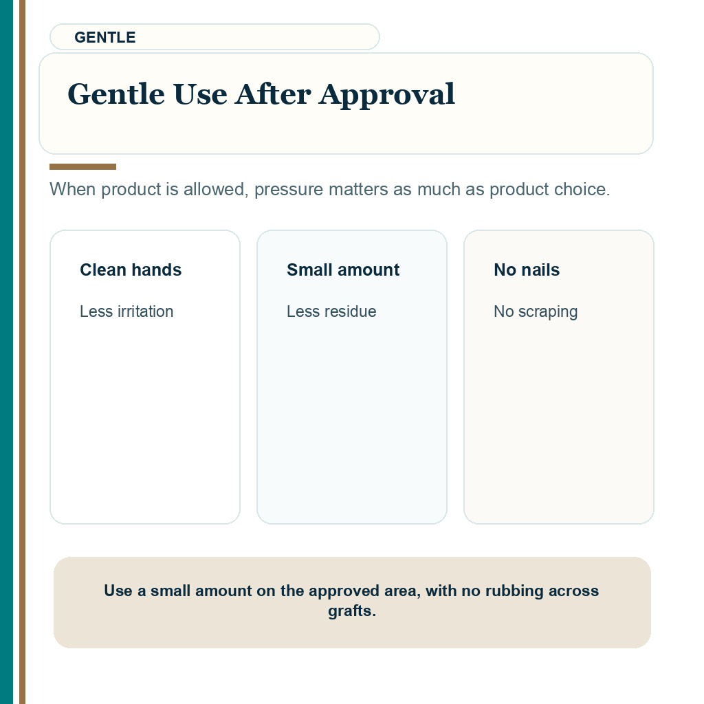 Slide 8 of 10 explaining gentle use after approval for aloe vera and moisturizer timing after hair transplant.