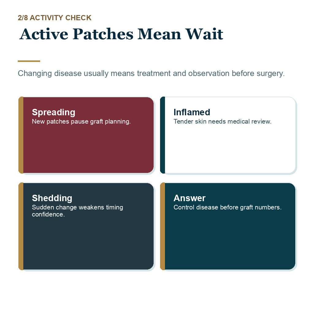 Alopecia areata hair transplant, active patches mean wait.