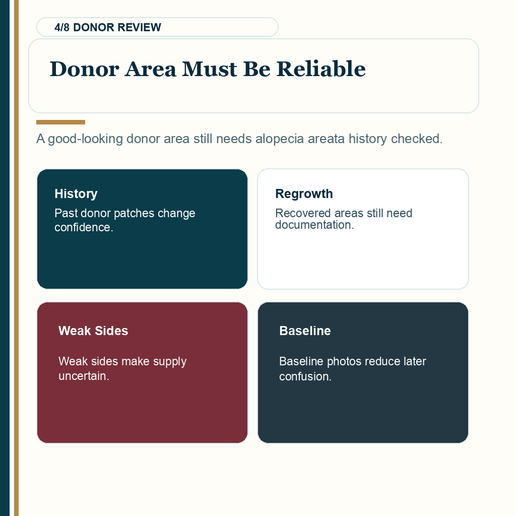 Alopecia areata hair transplant, donor area must be reliable.