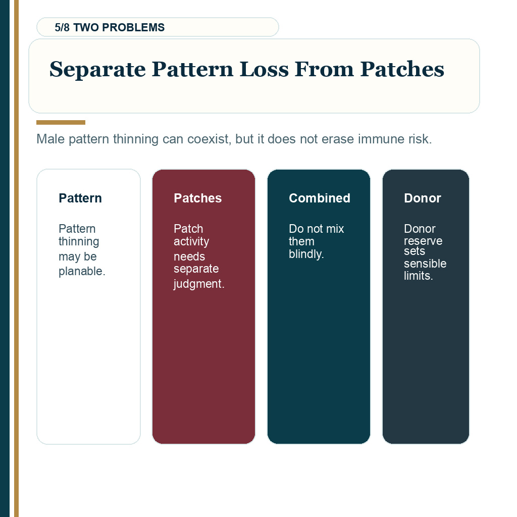 Alopecia areata hair transplant, separate pattern loss from patches.