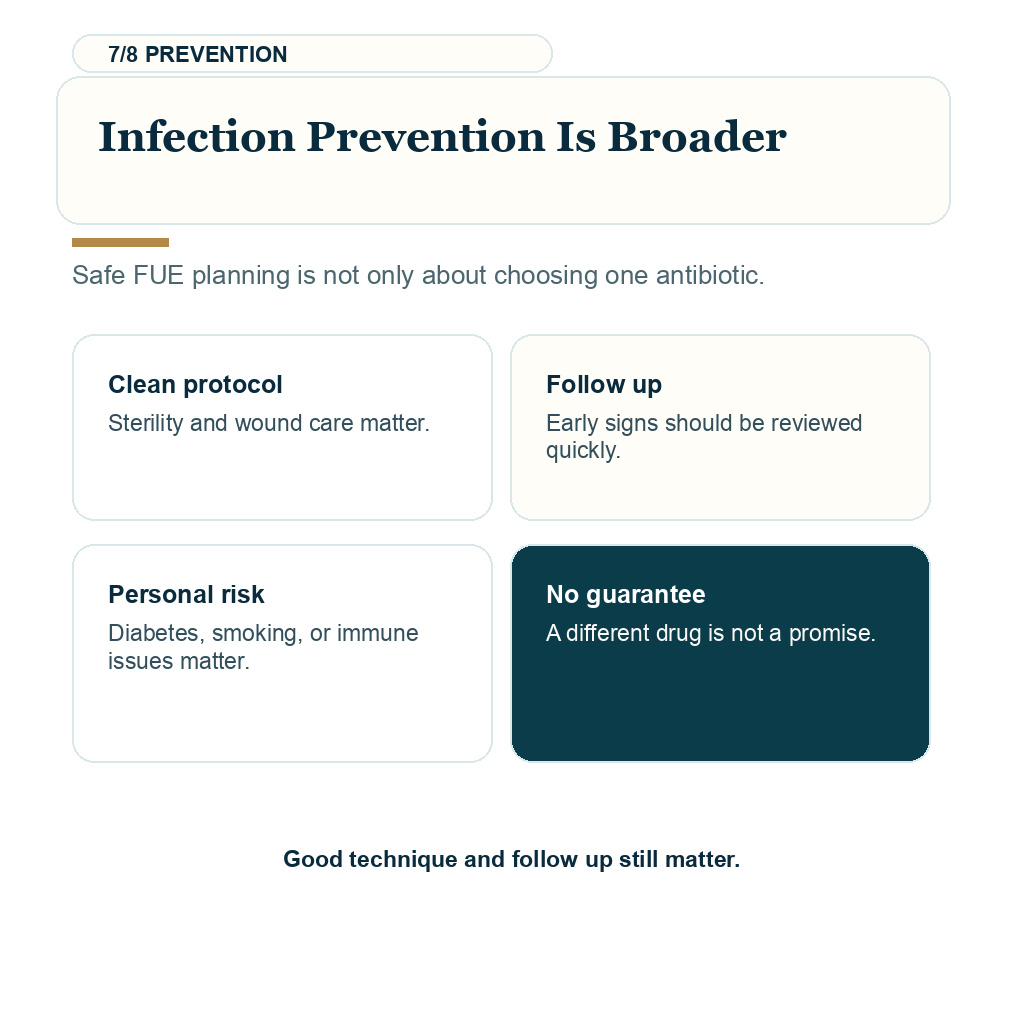 Antibiotic allergy before FUE, infection prevention is broader.
