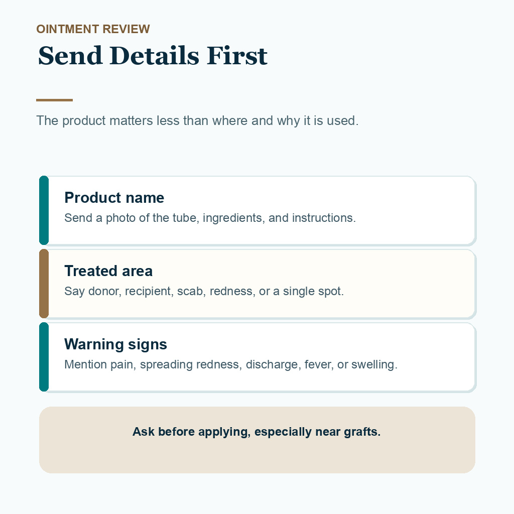 Diamond Hair Clinic support card showing what to send before using antibiotic ointment after hair transplant