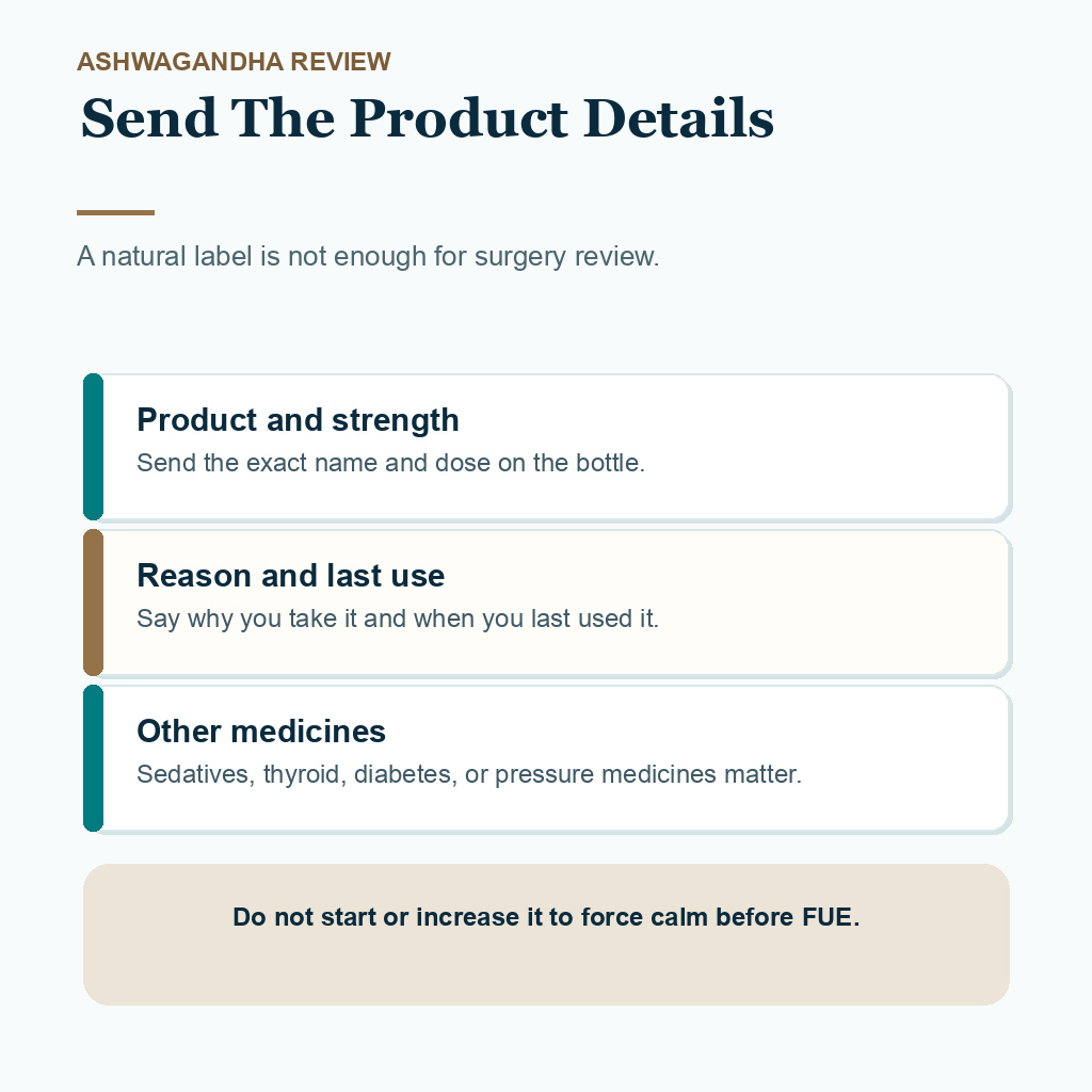Diamond Hair Clinic support card showing which ashwagandha product details to send before FUE review