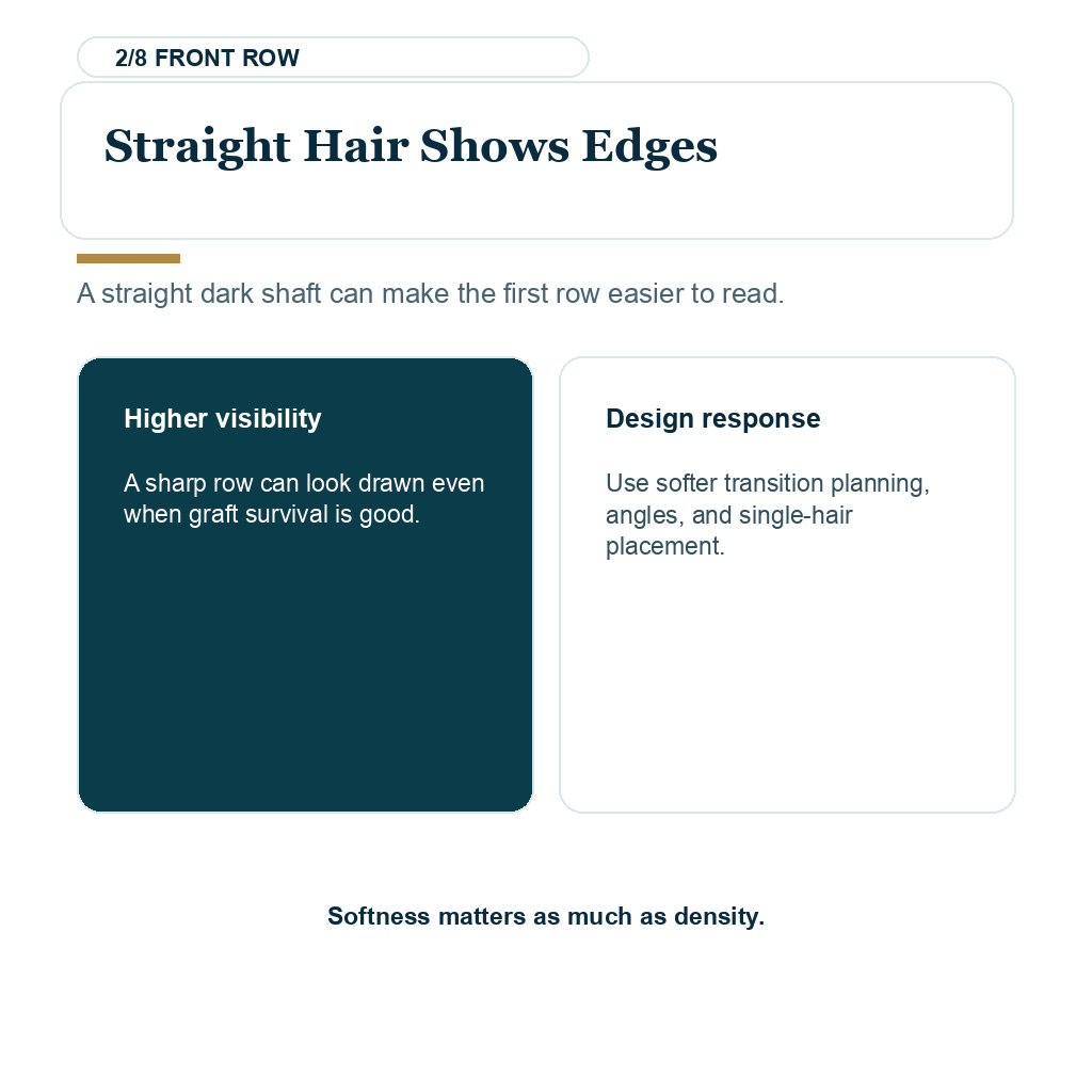 Asian hair transplant planning carousel slide 2 of 8 explaining straight hair shows edges