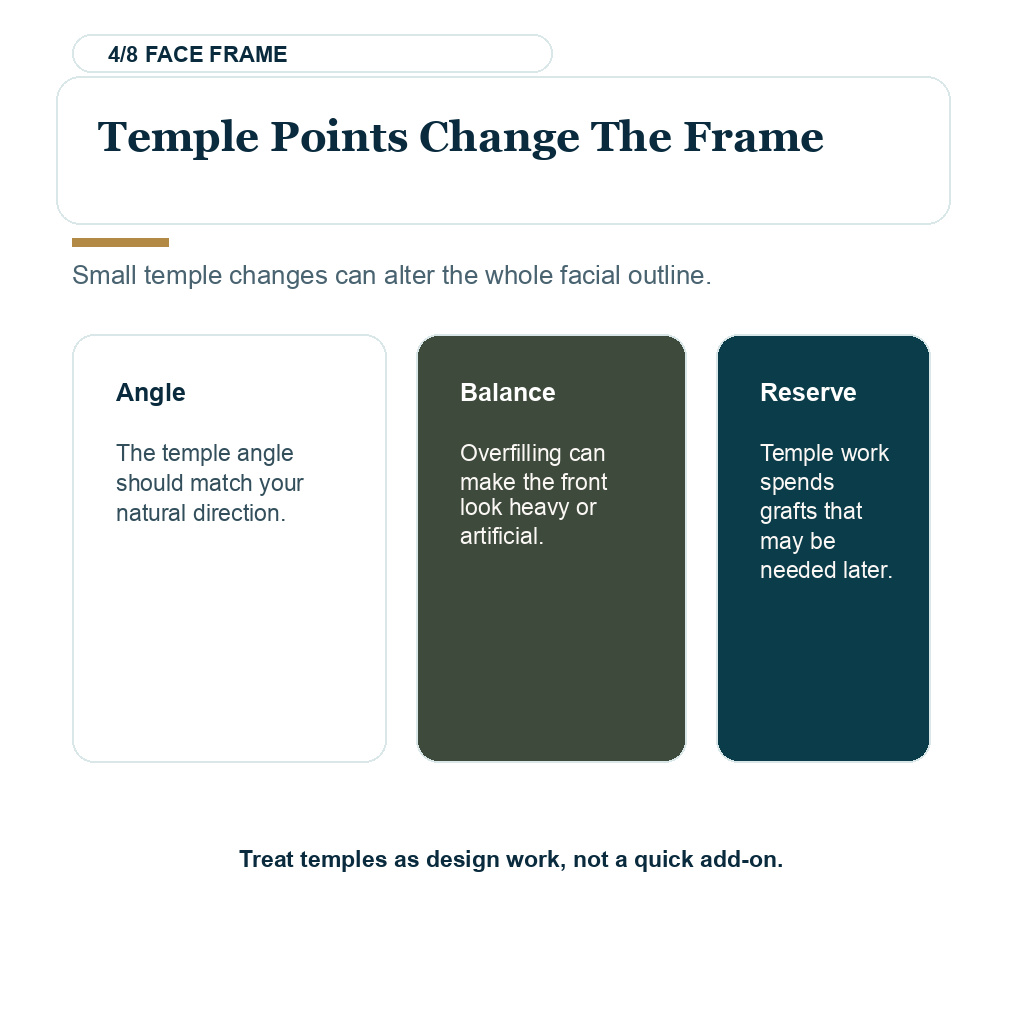 Asian hair transplant planning carousel slide 4 of 8 explaining temple points change the frame
