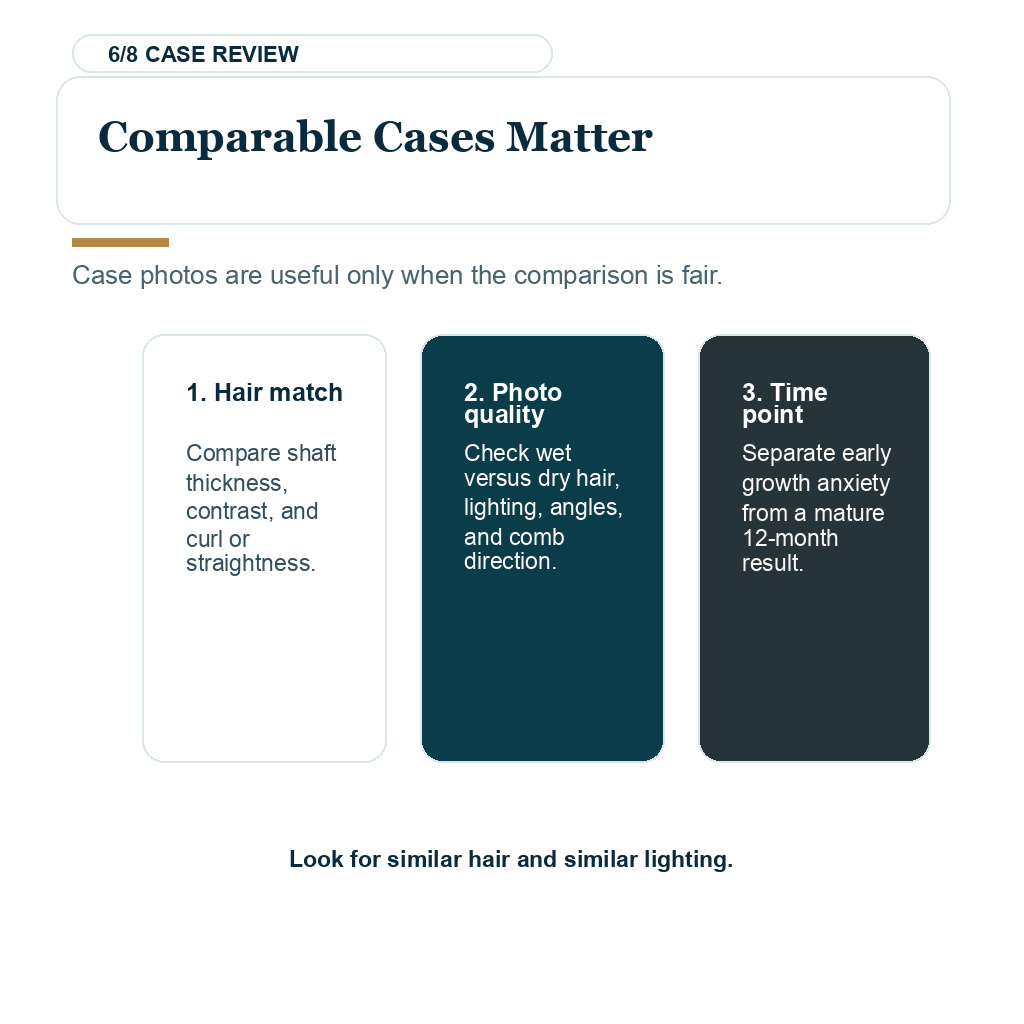 Asian hair transplant planning carousel slide 6 of 8 explaining comparable cases matter