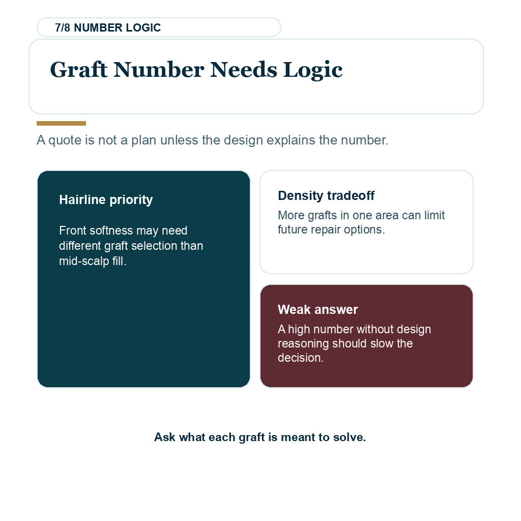 Asian hair transplant planning carousel slide 7 of 8 explaining graft number needs logic