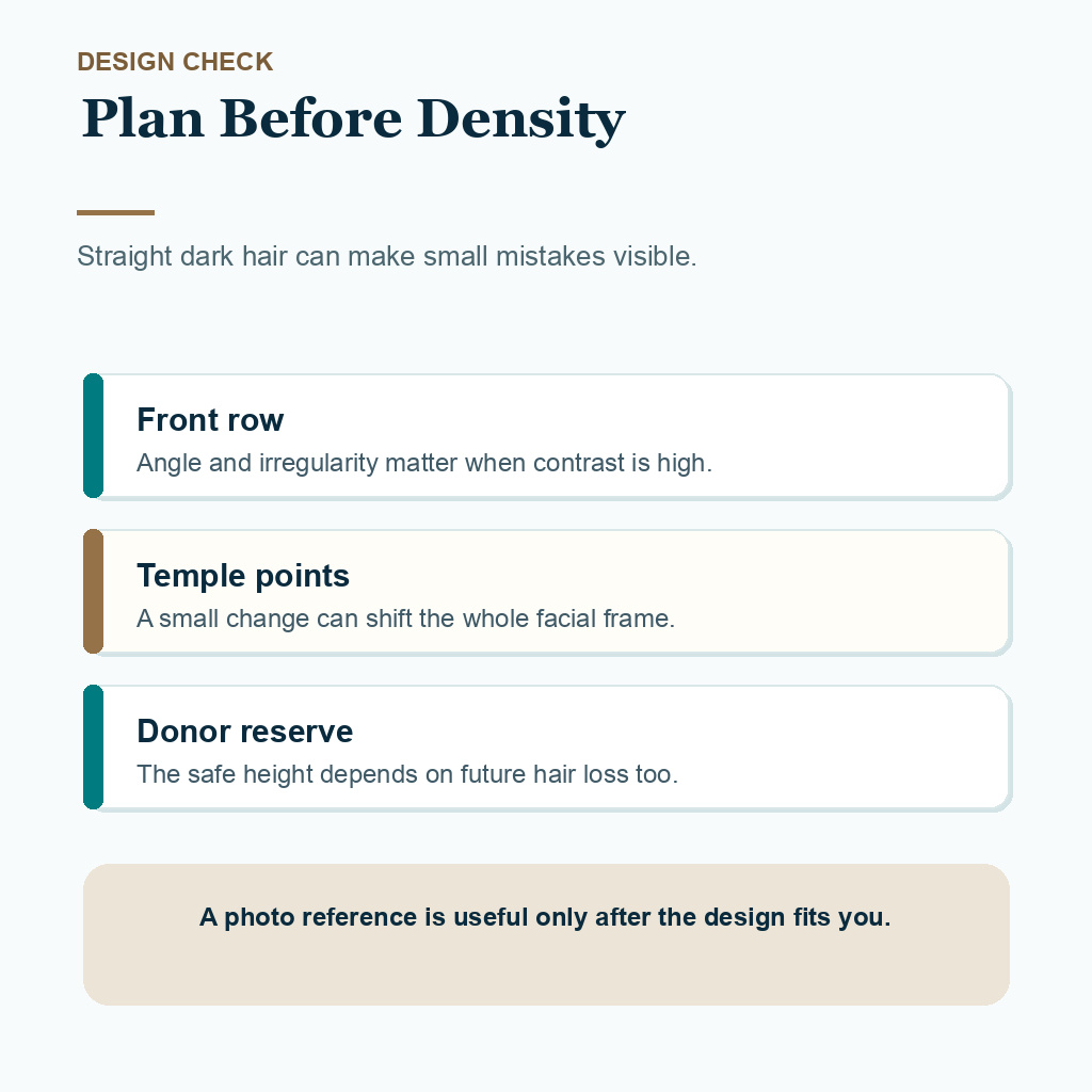 Diamond Hair Clinic support card showing Asian hairline planning checks before grafts are removed