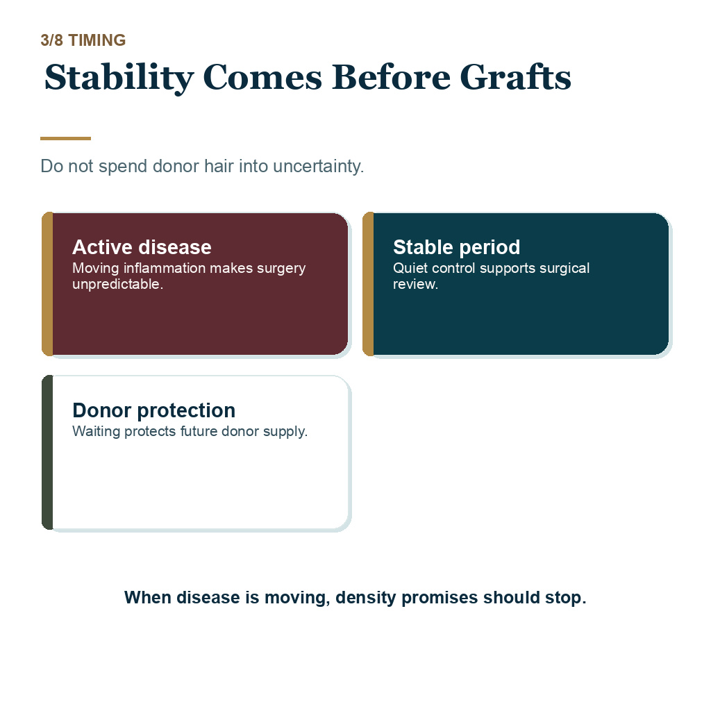 Autoimmune disease hair transplant explaining stability before graft planning.