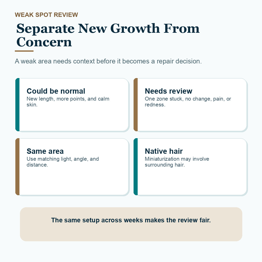 Support card comparing normal baby hair growth signs with weak spot review signs after hair transplant recovery