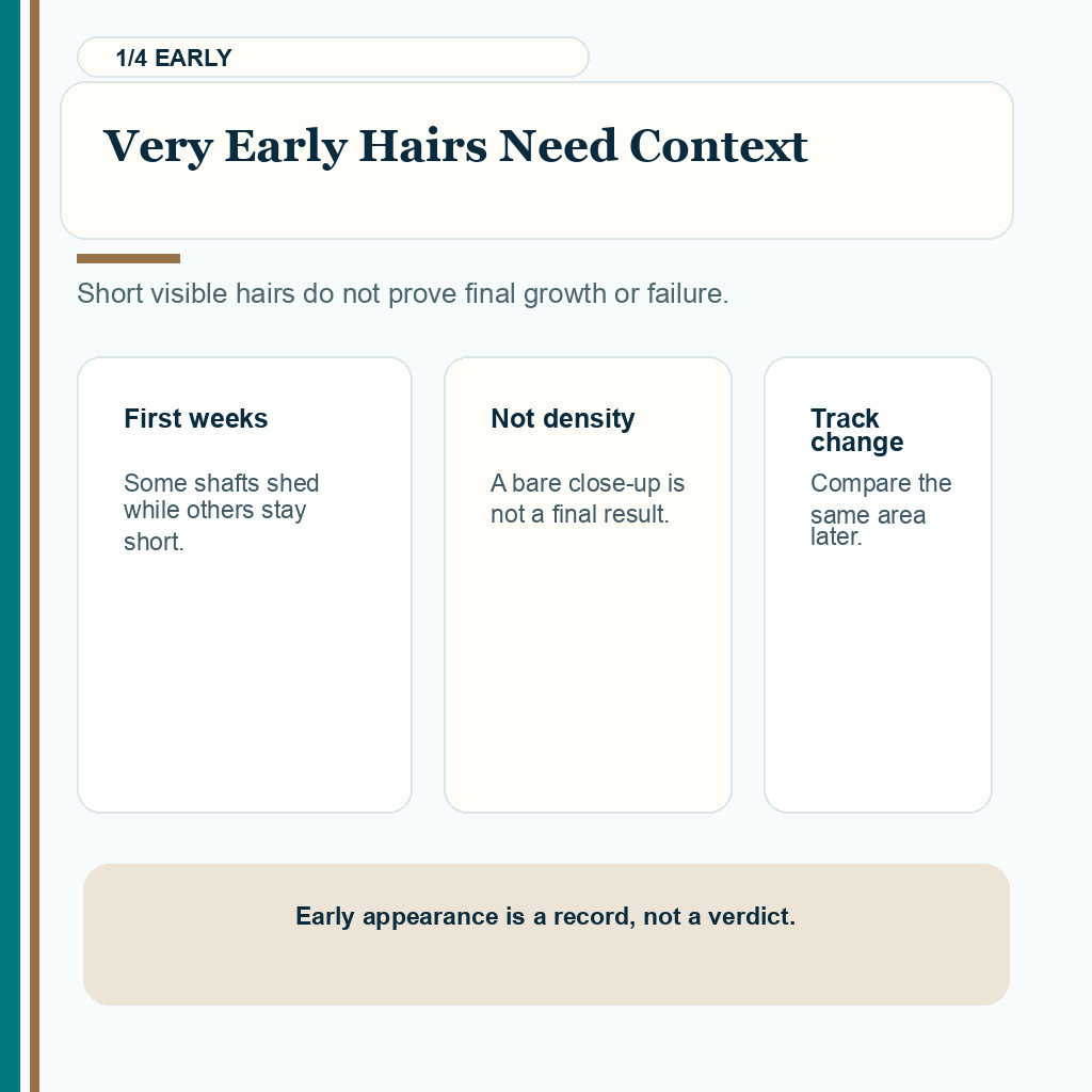 Baby hairs carousel slide 1 explaining why very early short hairs after FUE need timing context before judging growth.