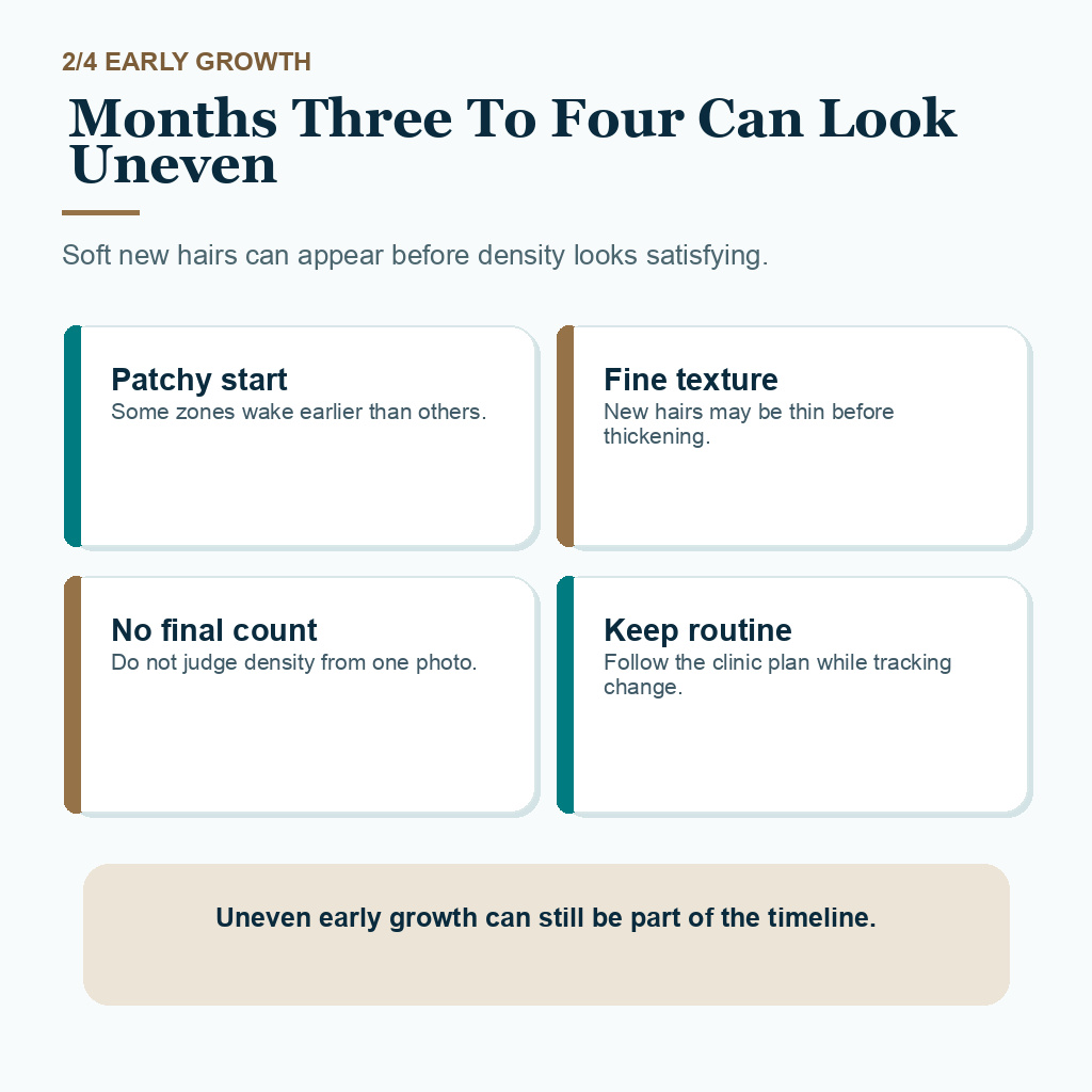Baby hairs carousel slide 2 explaining why fine growth around months three to four can look uneven and early after FUE.