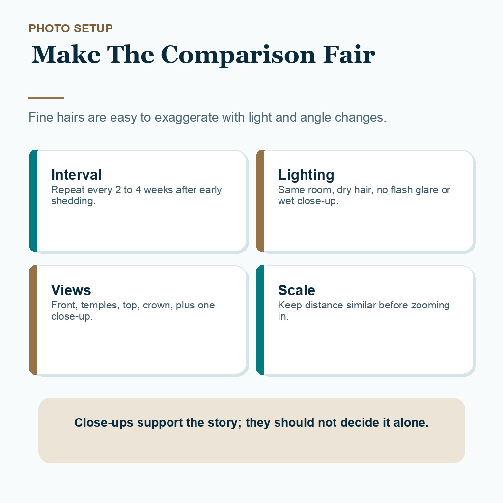 Support card showing how to photograph fine baby hairs after FUE with repeat interval, lighting, views, and scale.