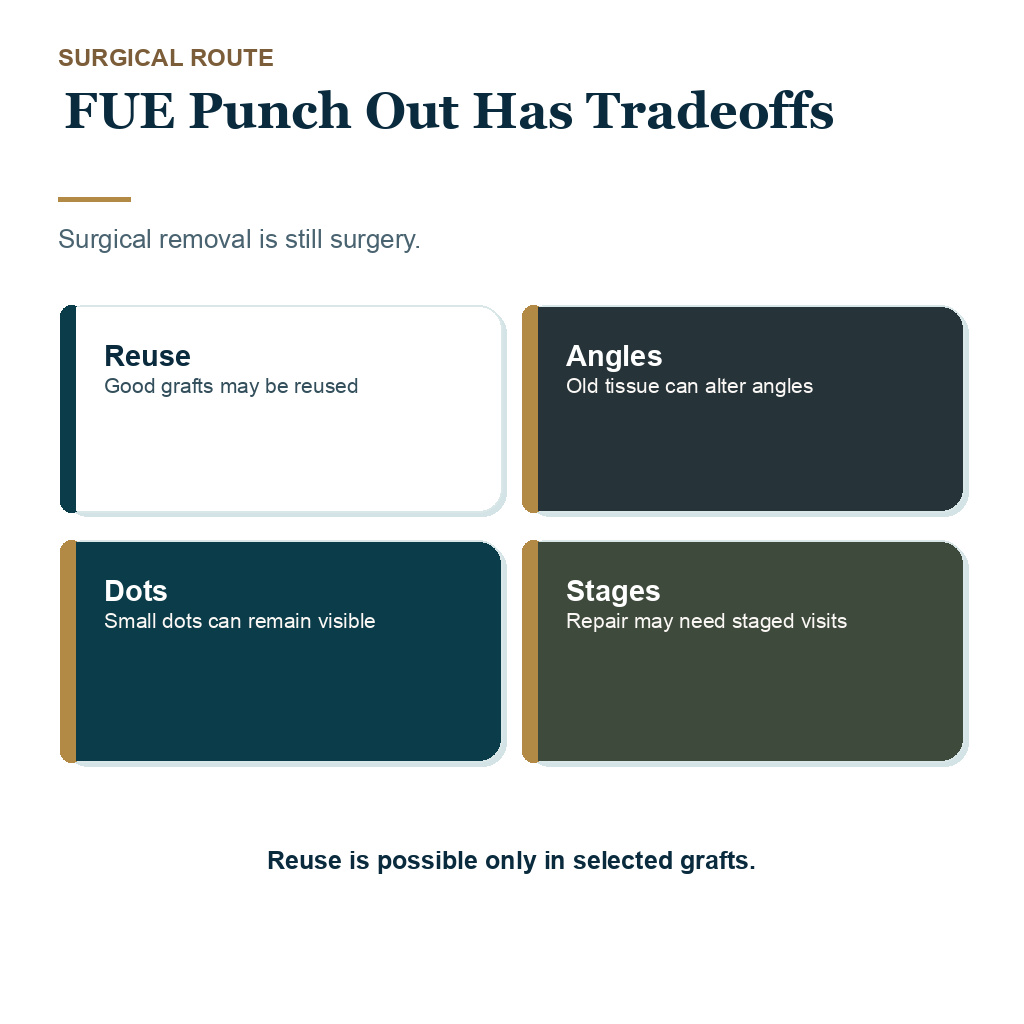 Bad hairline graft removal carousel slide 5 explaining fue punch out has tradeoffs