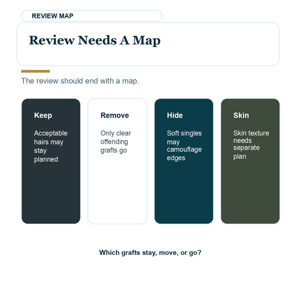 Bad hairline graft removal carousel slide 8 explaining review needs a map