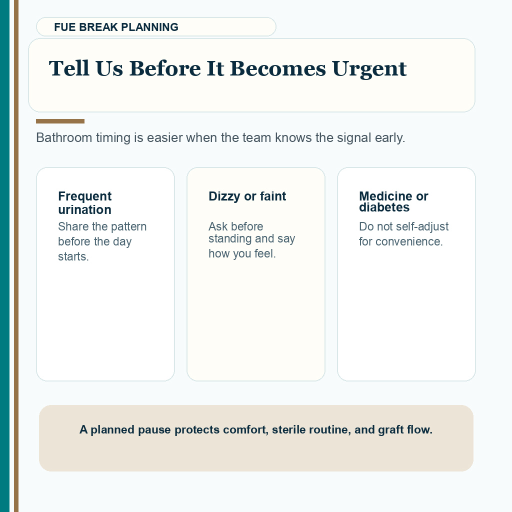 Bathroom break planning signals before and during a long FUE hair transplant