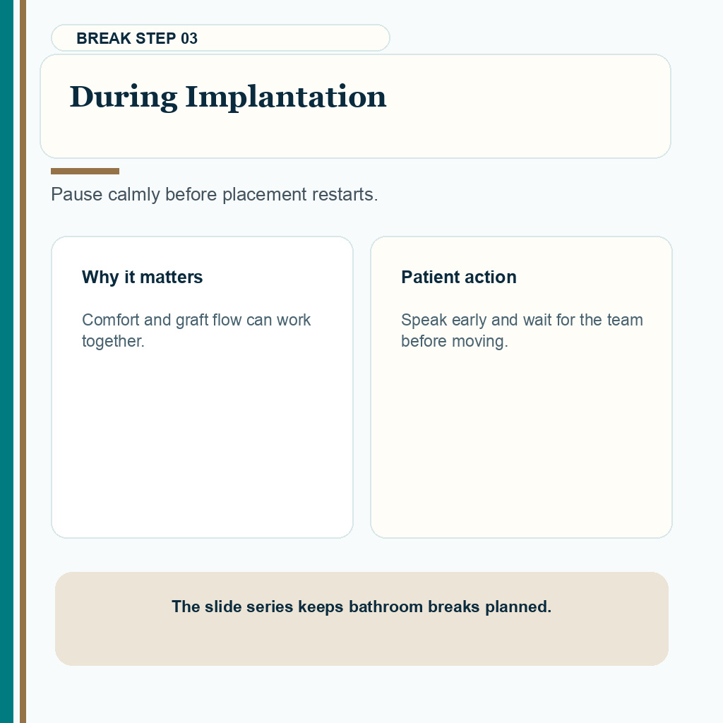 During implantation bathroom breaks should protect the sterile routine
