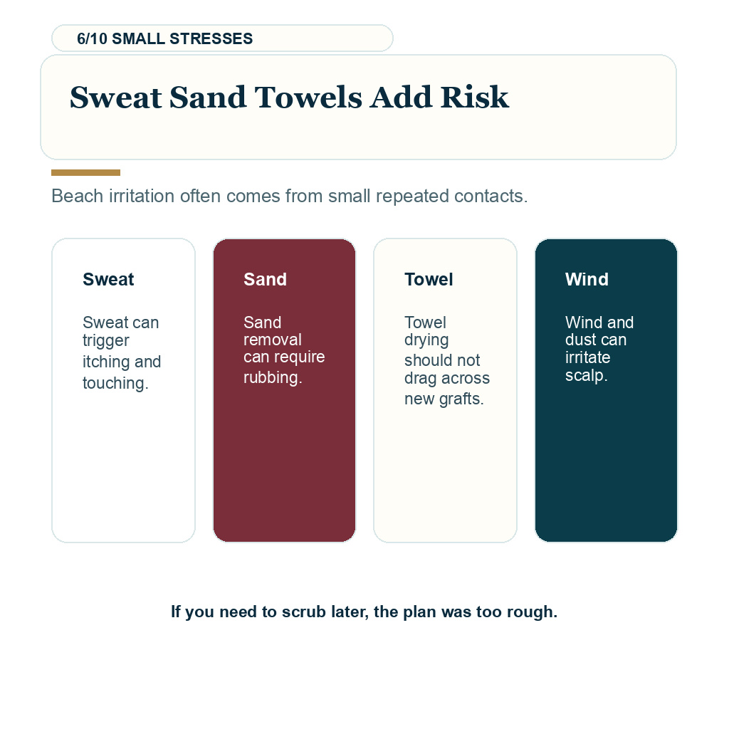 Beach after hair transplant, sweat sand towels add risk.