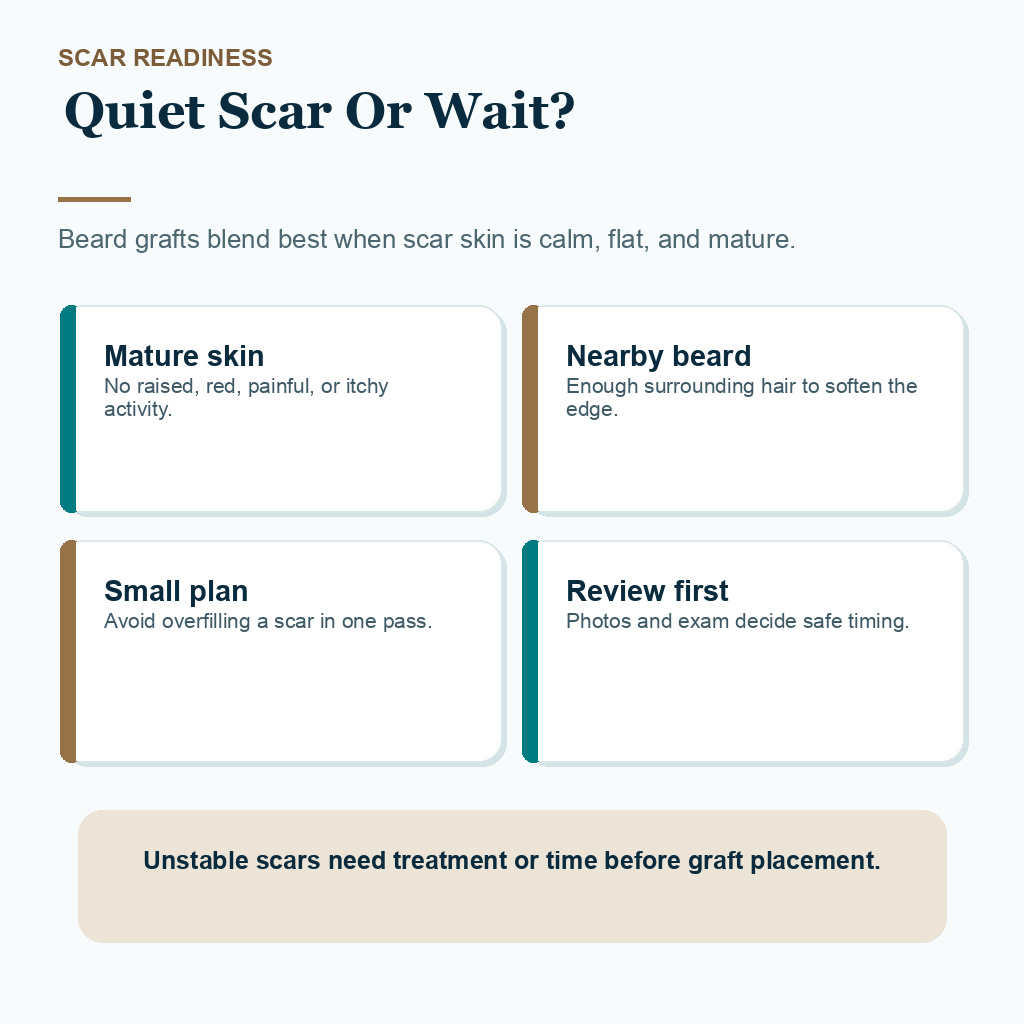 Support card explaining when acne scar skin is ready for beard graft planning.