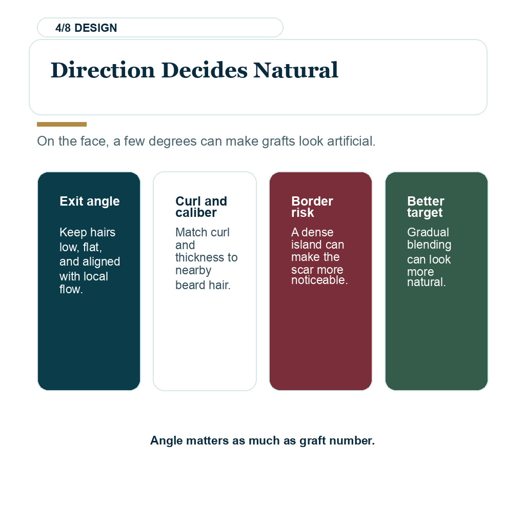 Beard transplant acne scars, direction decides naturalness.