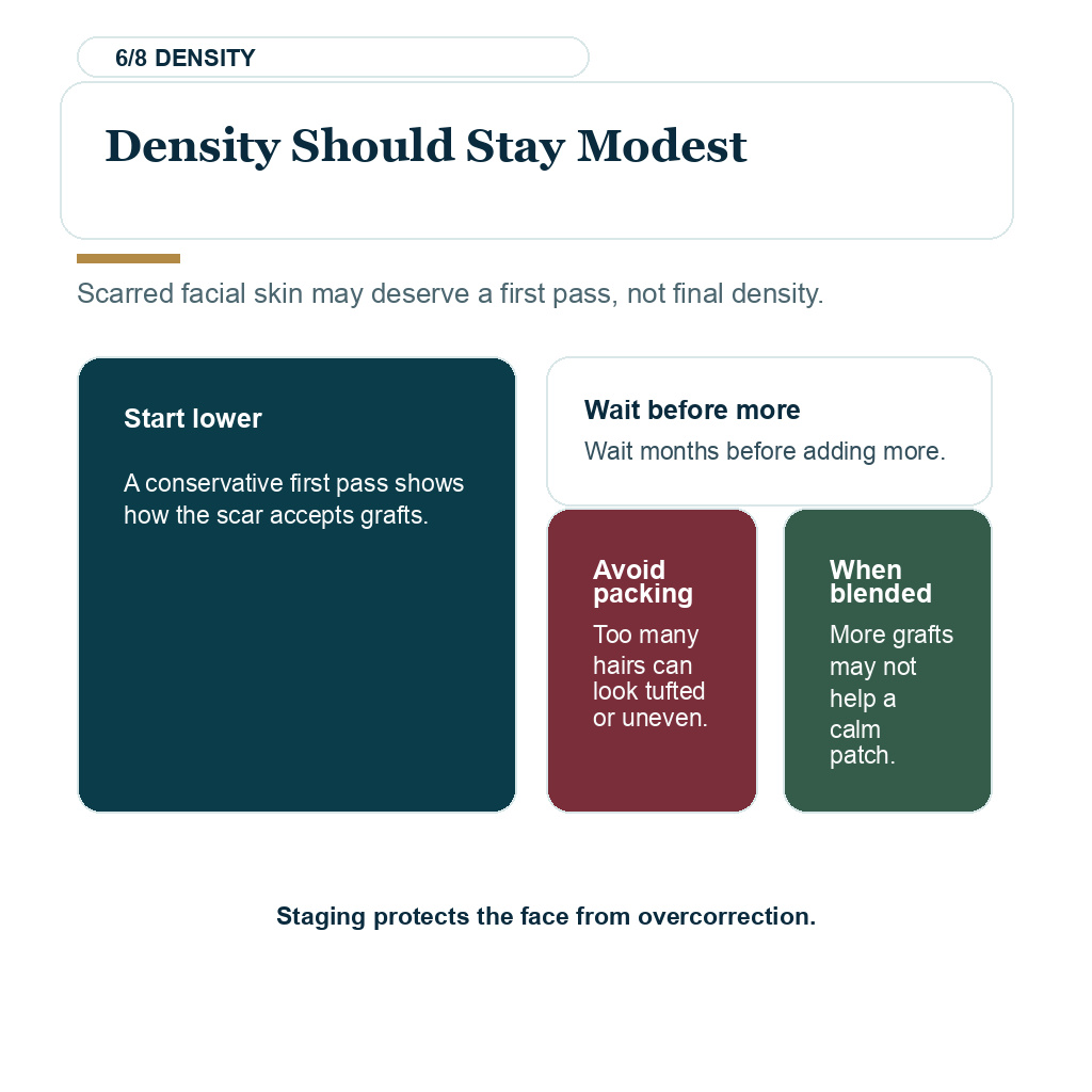Beard transplant acne scars, density should stay modest.