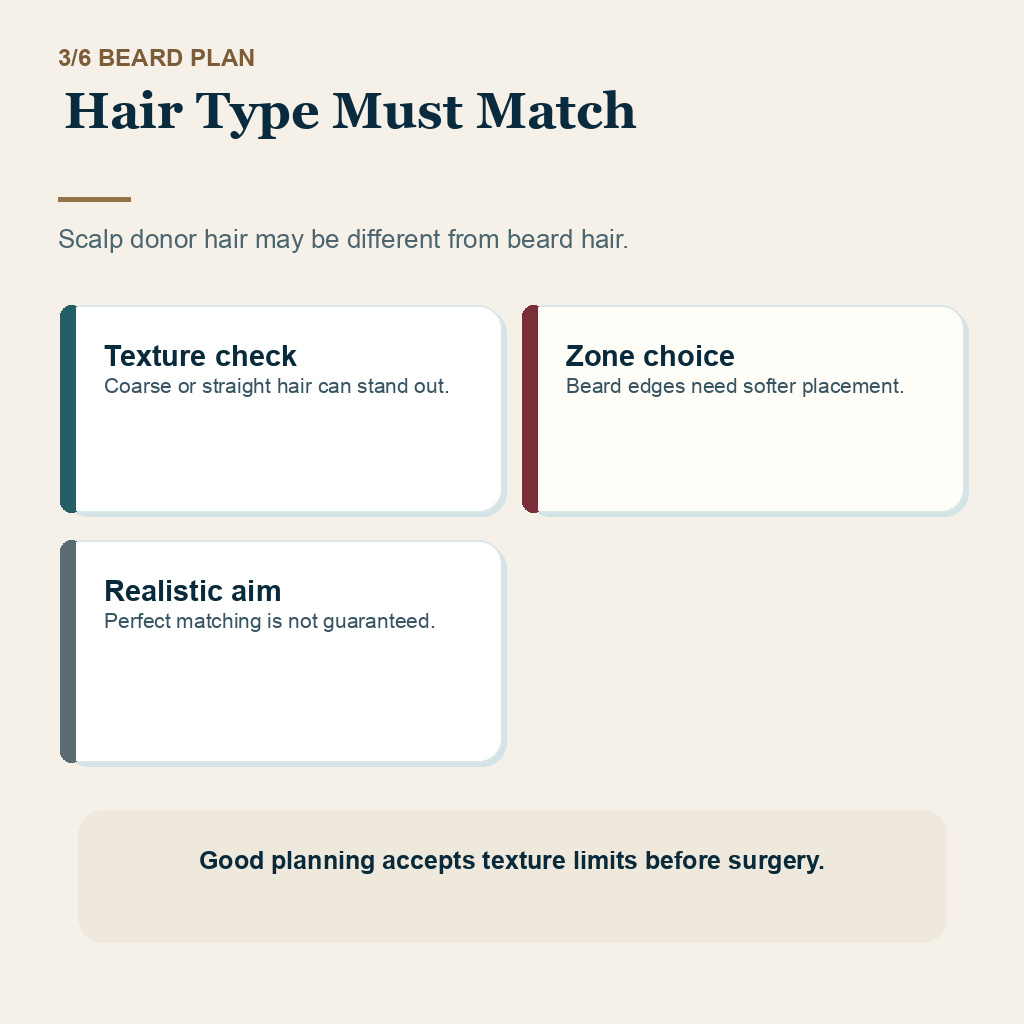 Beard transplant carousel slide 3 about hair type must match