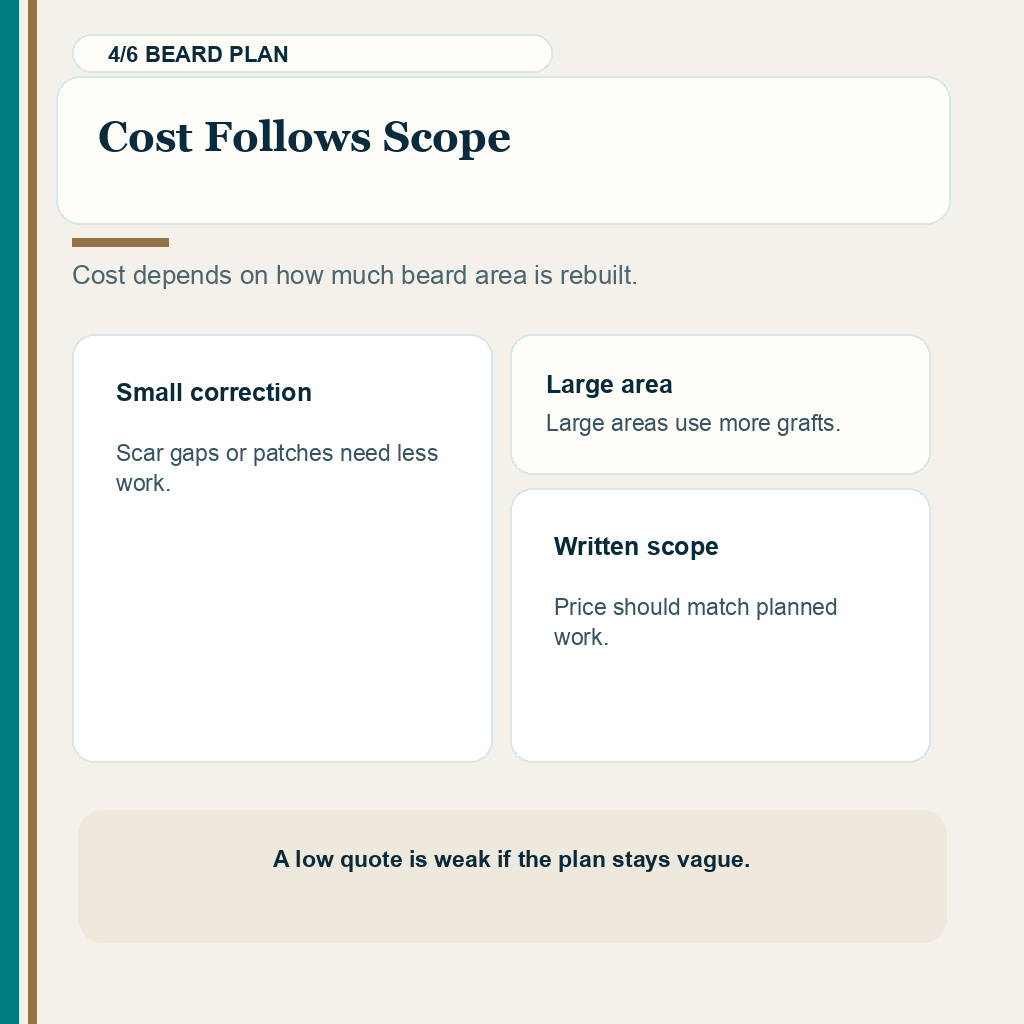 Beard transplant carousel slide 4 about cost follows scope