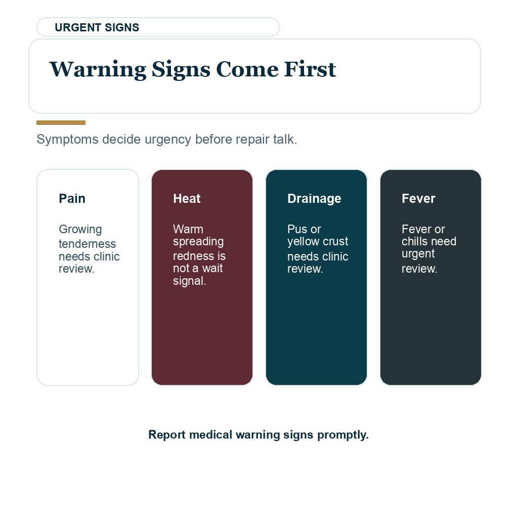 Beard transplant warning signs such as pus spreading redness fever or severe pain should be reviewed before cosmetic texture judgment