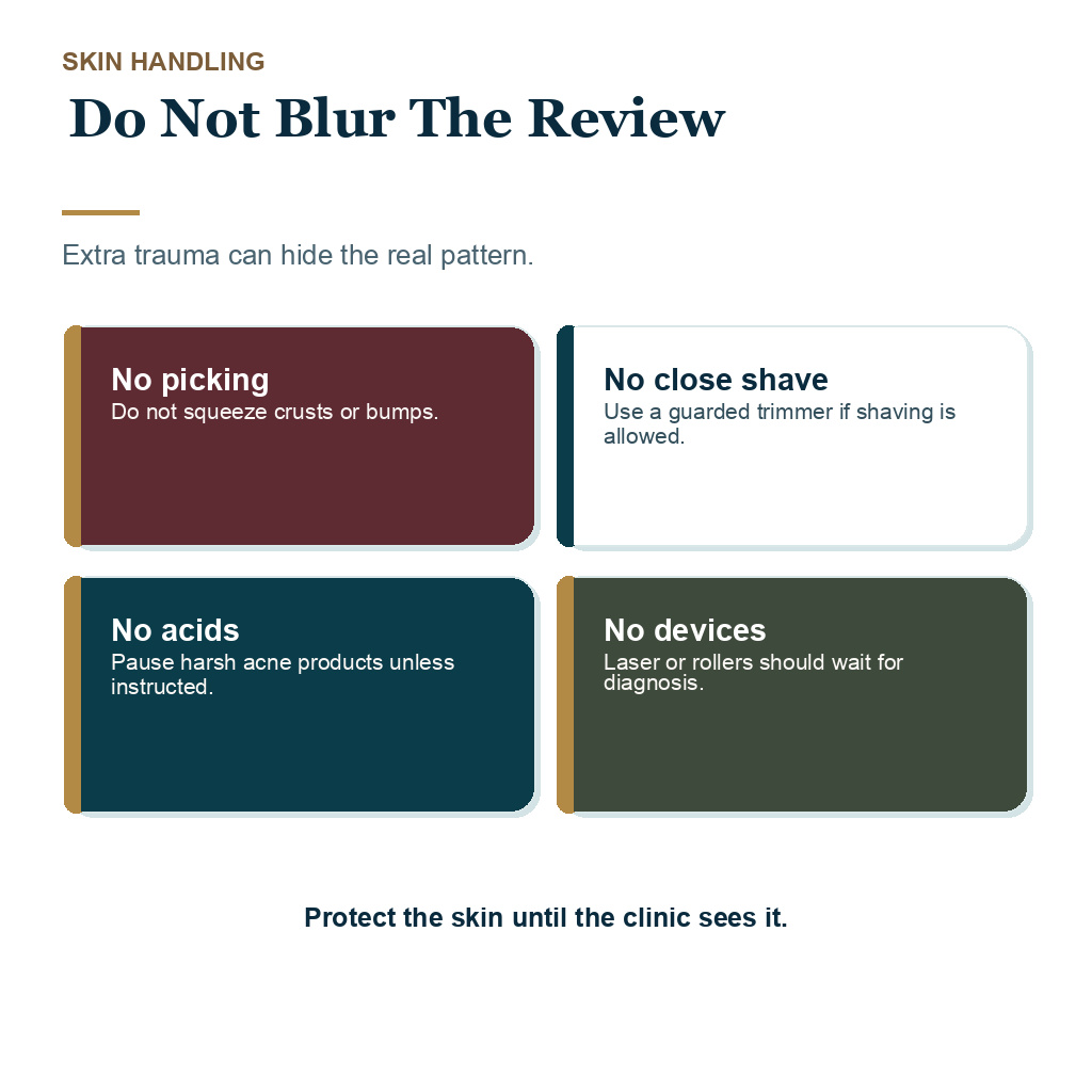 Picking squeezing or blurring raised beard graft texture can make the medical review less reliable