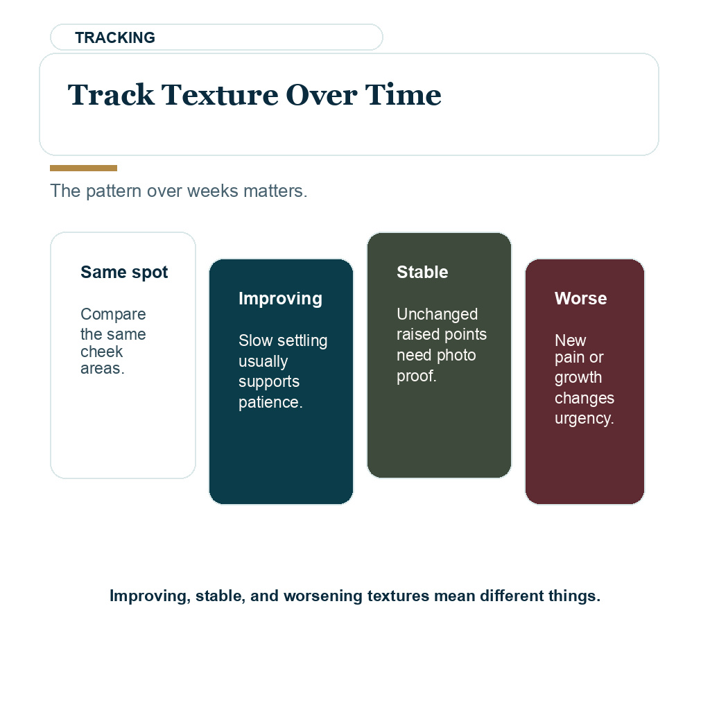 Tracking beard transplant texture over time helps separate temporary swelling from persistent cobblestoning