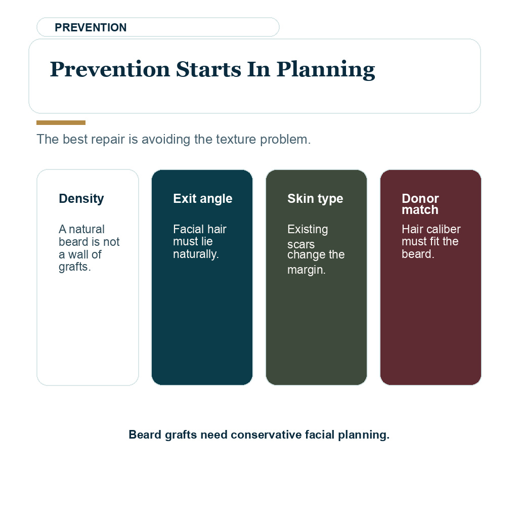 Careful depth spacing and skin handling during planning reduce the risk of beard transplant cobblestoning