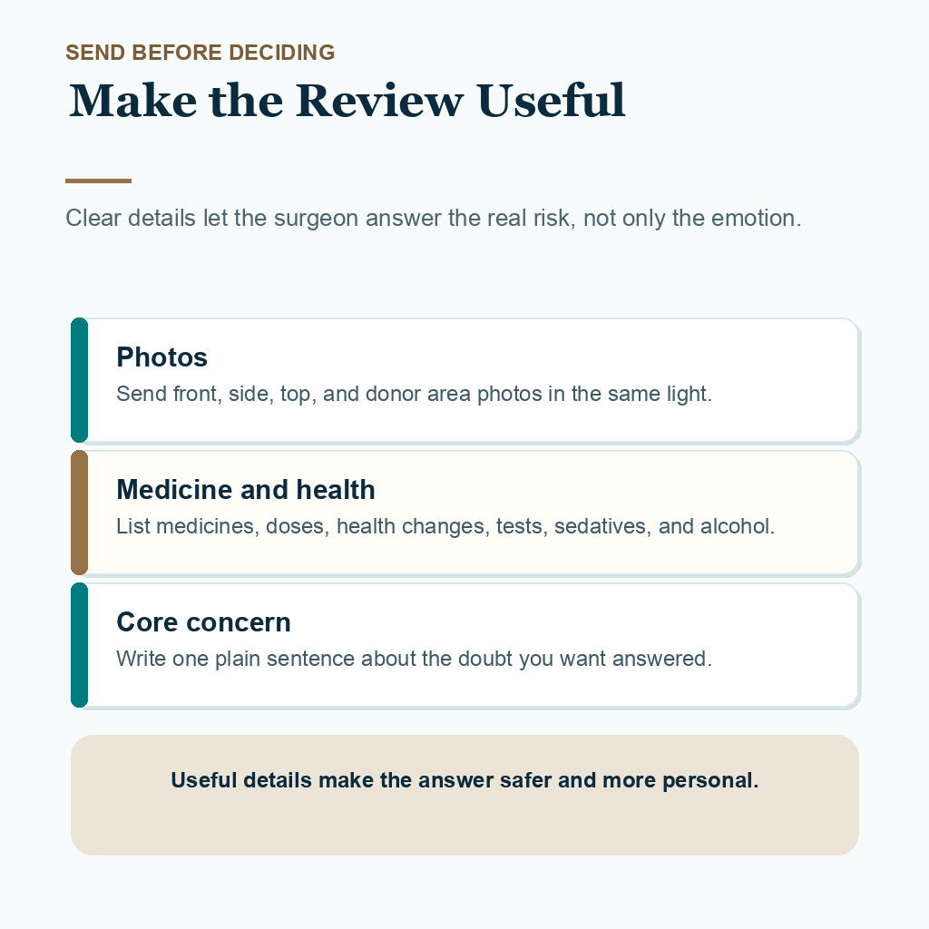 Support card showing what to send before deciding on hair transplant surgery