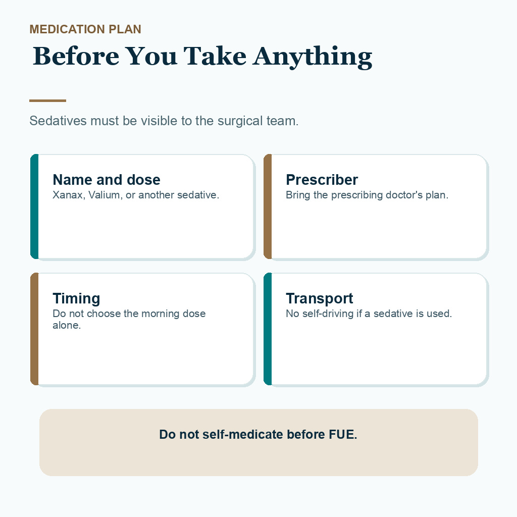 Support card explaining what to report before taking Xanax or Valium before hair transplant.