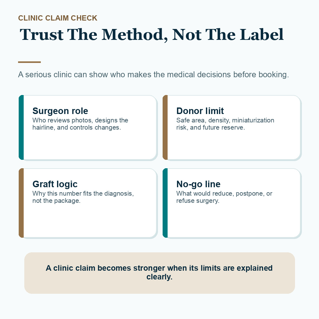 Support card showing what should be visible before trusting a best hair transplant clinic claim in Turkey.