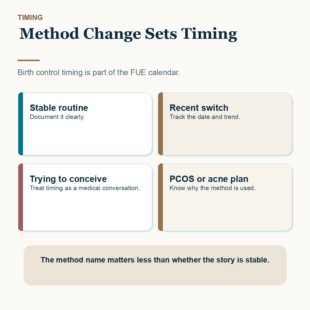 Slide 1 of 8 explaining method change sets timing in birth control and female FUE timing.