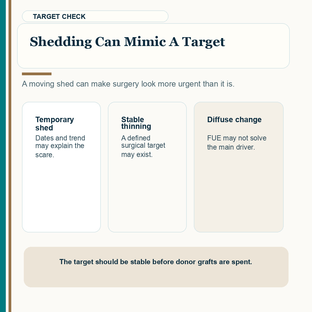Slide 5 of 8 explaining shedding can mimic a target in birth control and female FUE timing.