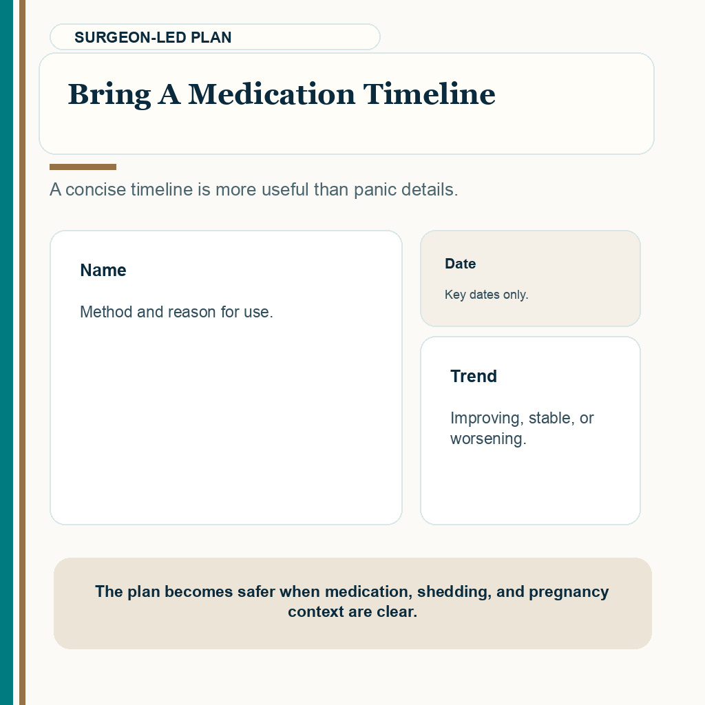 Slide 8 of 8 explaining bring a medication timeline in birth control and female FUE timing.
