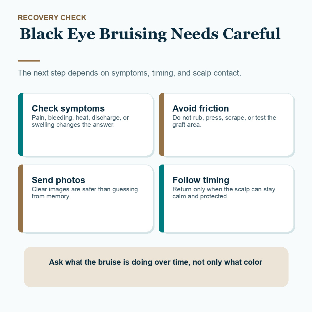 Support card explaining black eye bruising needs careful.