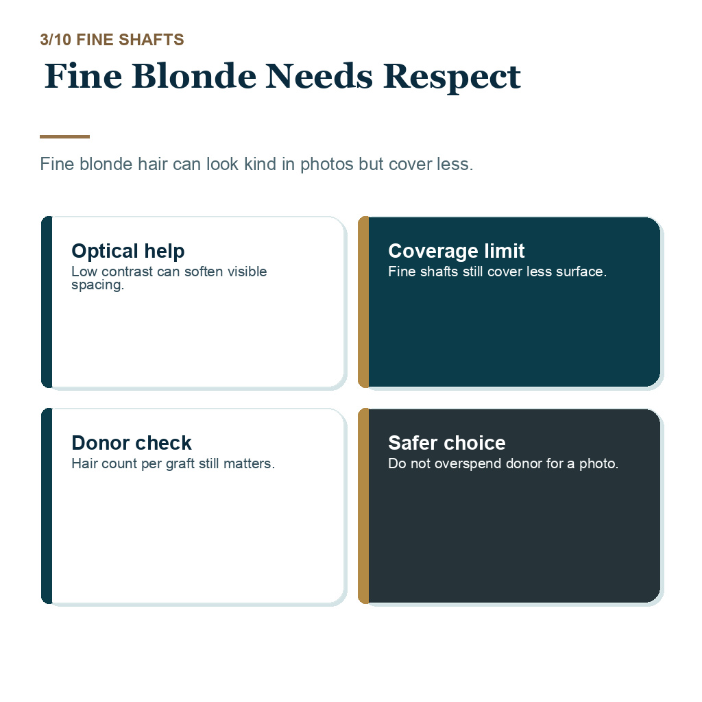 Blonde and red hair transplant planning, fine blonde needs respect.