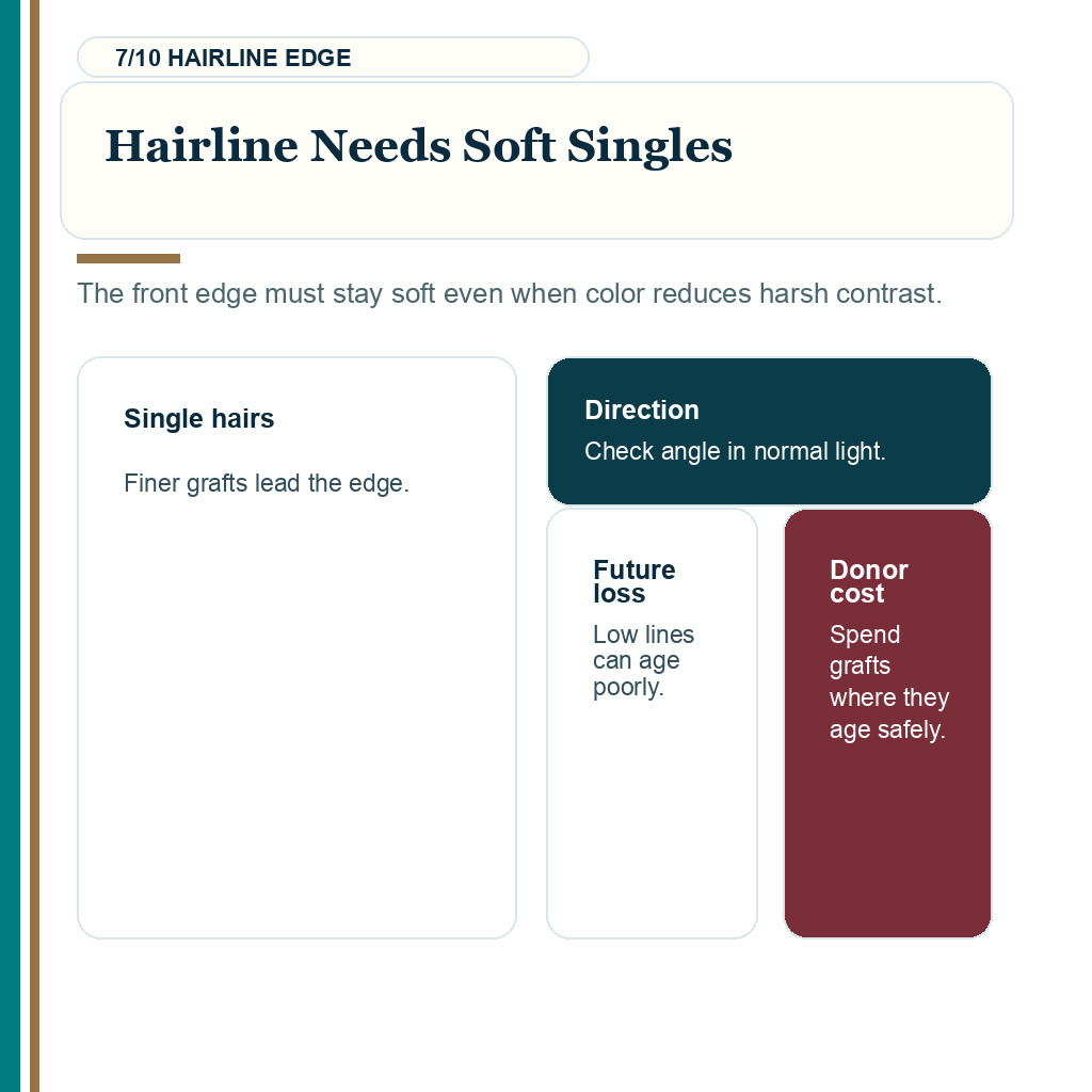 Blonde and red hair transplant planning, hairline needs soft singles.