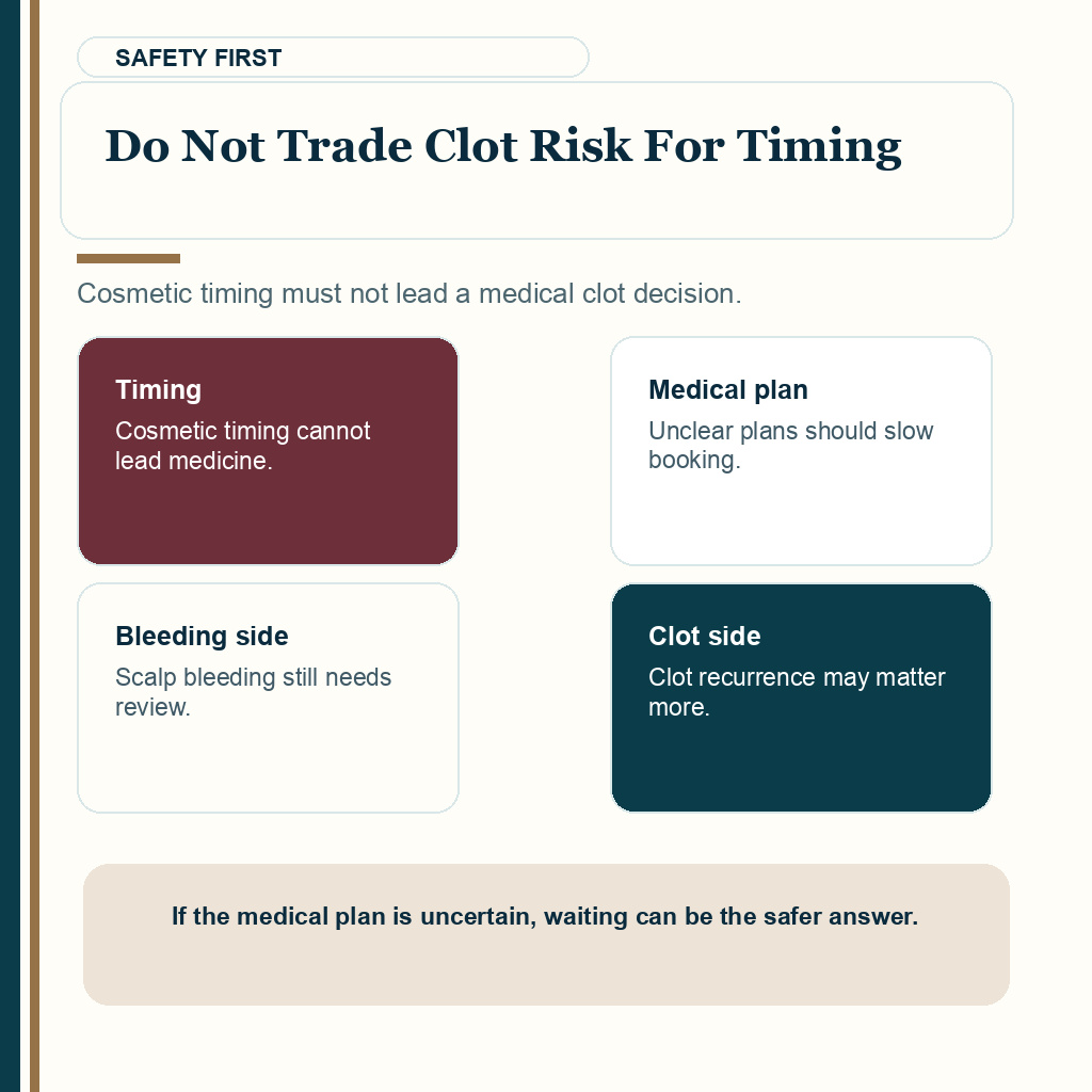 Blood clot history hair transplant support visual explaining do not trade clot risk for timing