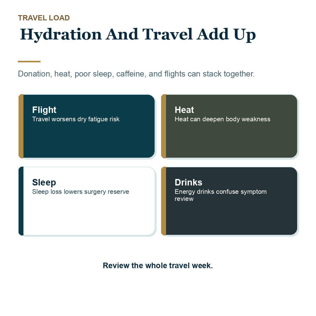 Blood plasma donation before FUE carousel slide 6 of 10 explaining hydration and travel add up