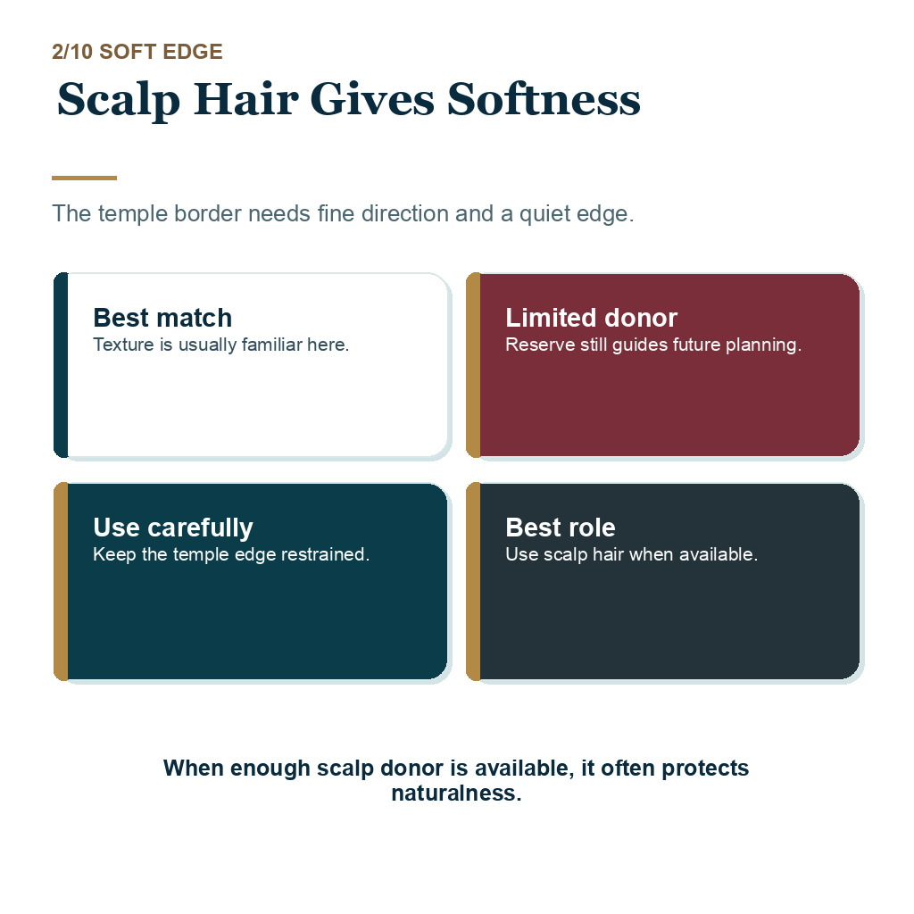 Carousel slide explaining scalp hair gives softness for beard or body hair use in temple hair transplant planning.