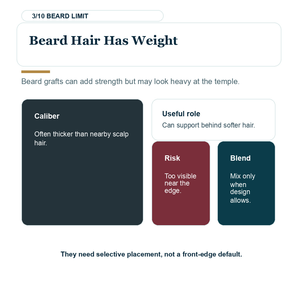 Carousel slide explaining beard hair has weight for beard or body hair use in temple hair transplant planning.