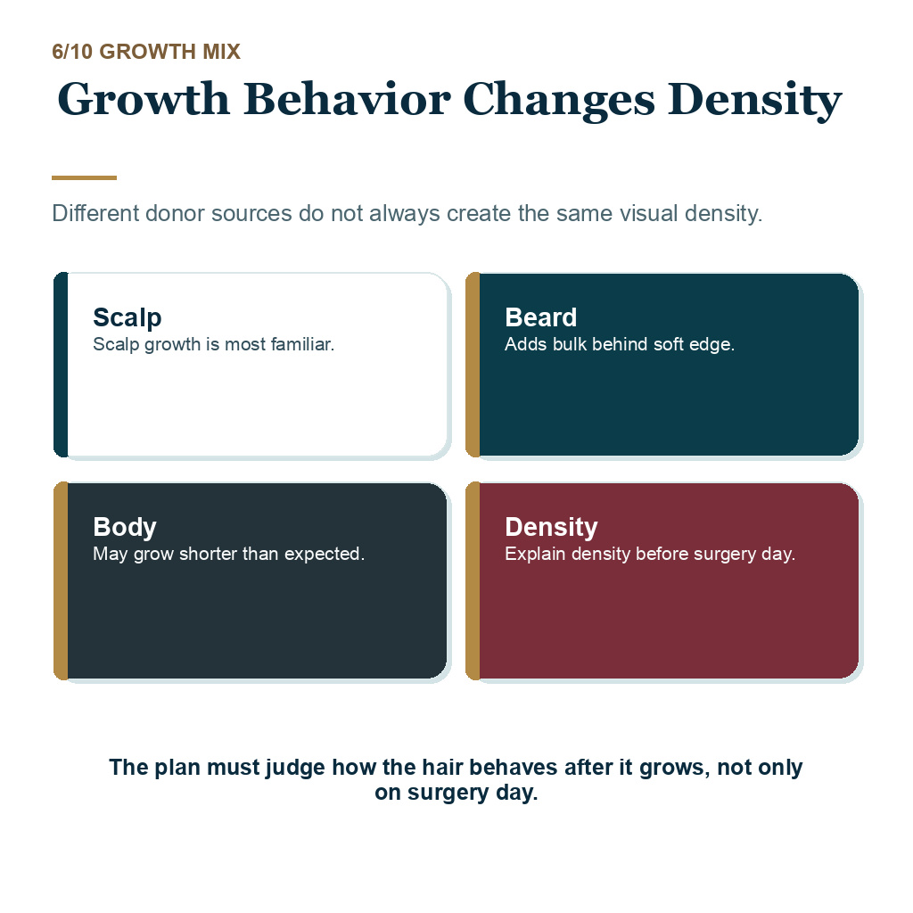 Carousel slide explaining growth behavior changes density for beard or body hair use in temple hair transplant planning.