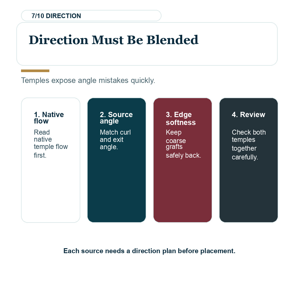 Carousel slide explaining direction must be blended for beard or body hair use in temple hair transplant planning.