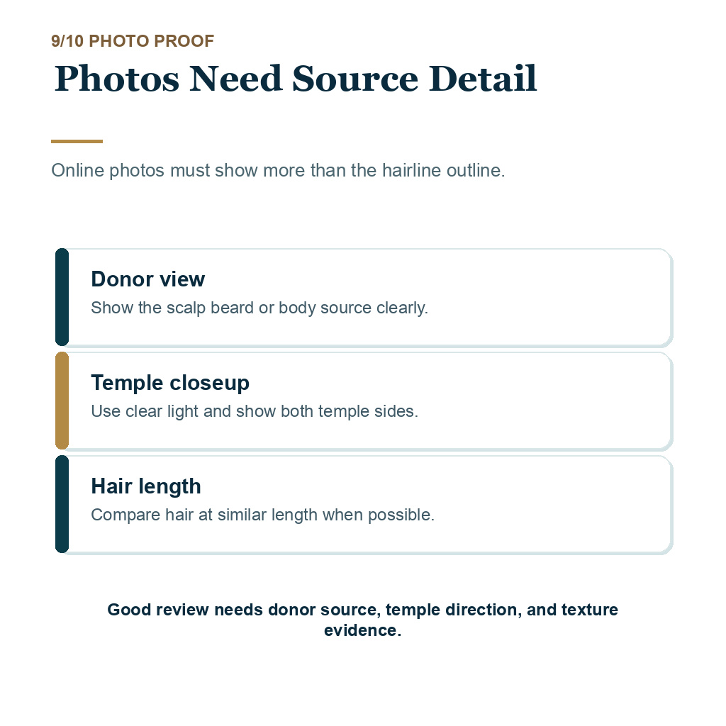 Carousel slide explaining photos need source detail for beard or body hair use in temple hair transplant planning.