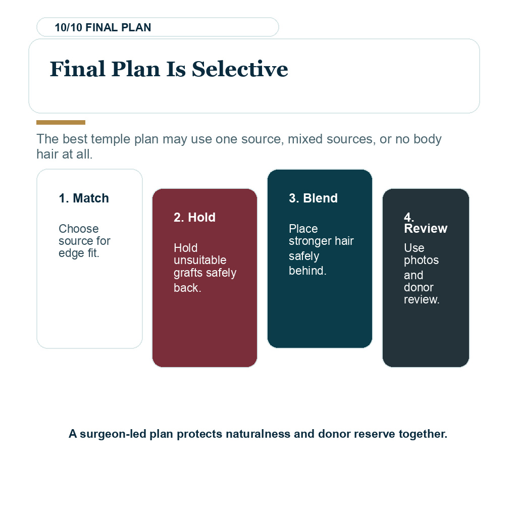 Carousel slide explaining final plan is selective for beard or body hair use in temple hair transplant planning.
